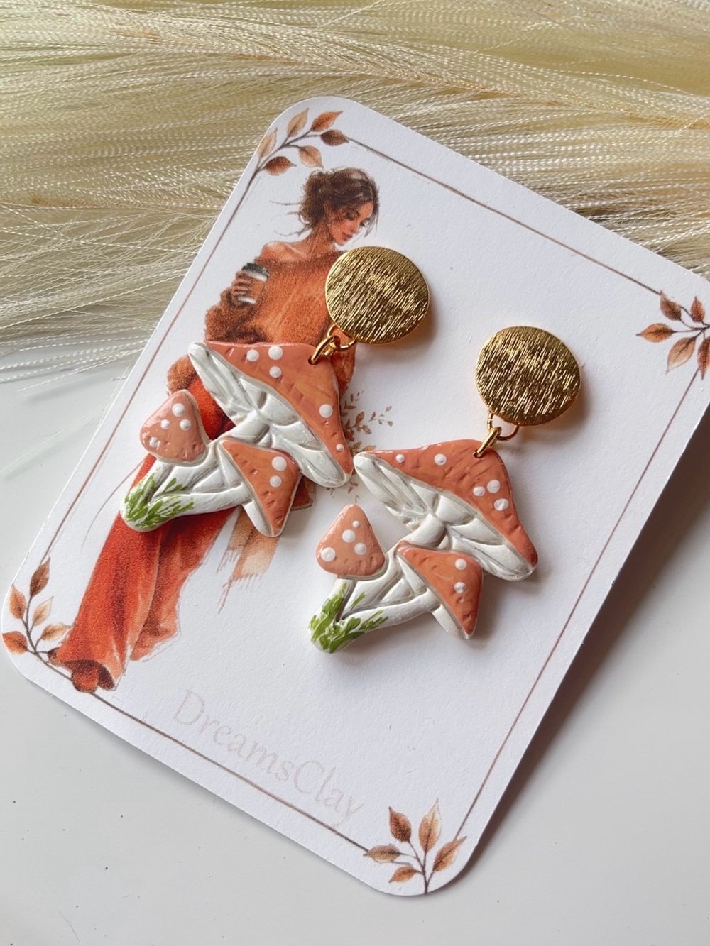 Gold-Top Orange Mushroom Dangle Earrings